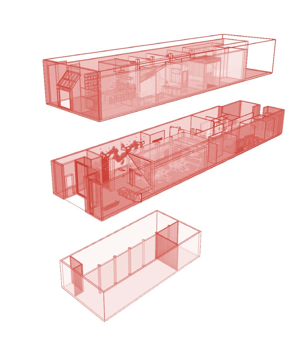 Exploded axonometric study of Fold’s three levels, showing their interior layouts in red