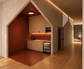 Inkfold concept render with folded architectural planes around a warm terracotta recess
