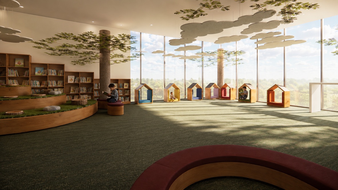 Designer’s render of colourful house-shaped reading nooks beside the library’s full-height windows