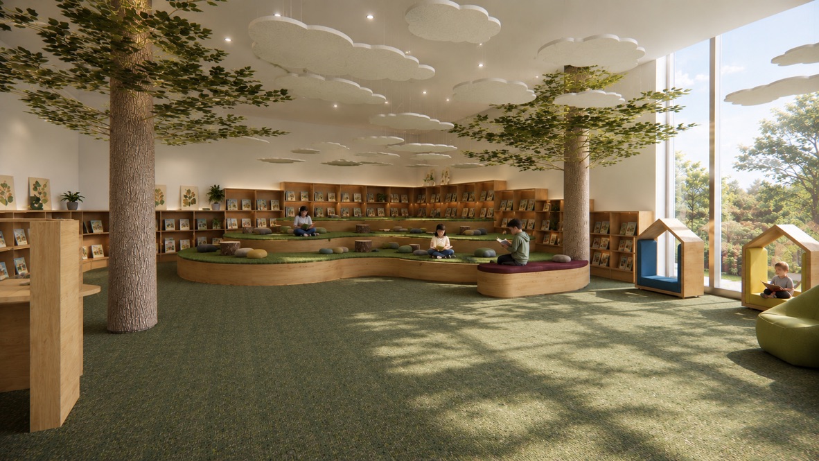 Designer’s render of the tiered reading corner with green seating, timber bookshelves, tree-like columns and suspended clouds