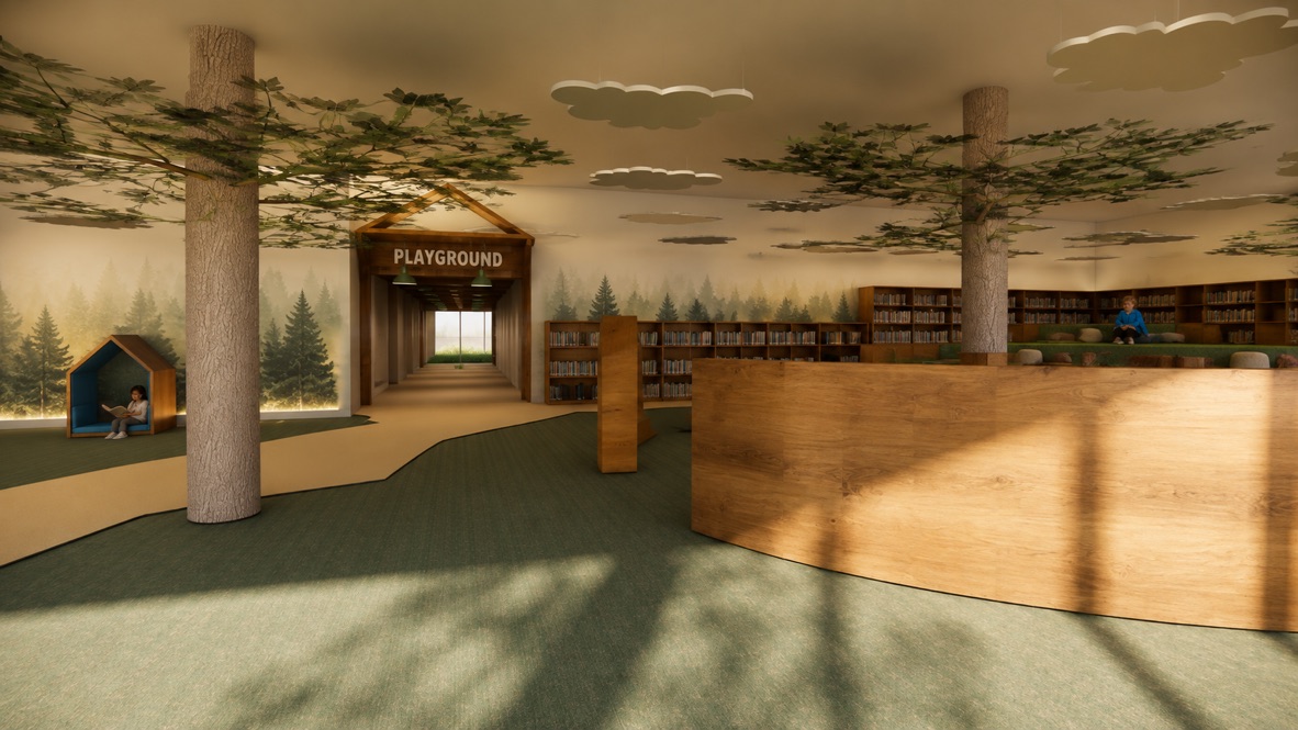 Designer’s render of the winding library trail leading to a timber house-shaped Playground portal